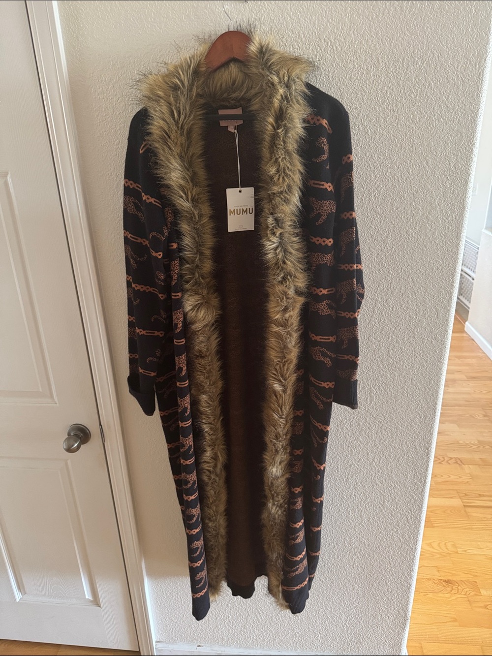 Show Me Your MuMu-NWT Black Leopard Coat with Brown Faux Fur Trim